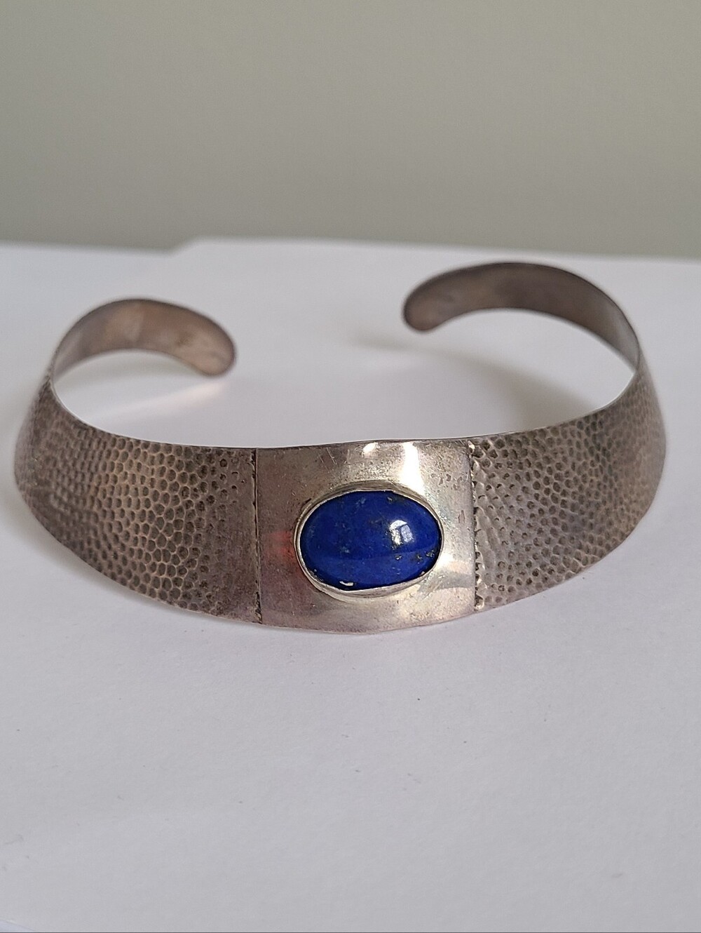 Vintage Boho LM Sterling Silver Lapis Lazuli Hammered Collar Choker Necklace